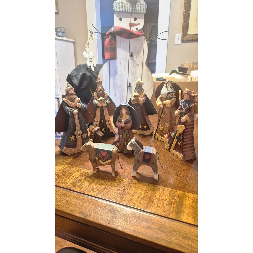 Rustic Nativity Set 9 Piece Folk Art Christmas Nativity Scene Farmhouse Holiday - Picture 5 of 16